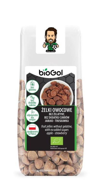 Żelki owocowe bez żelatyny, bez dodatku cukrów jabłko - Truskawka bezglutenowe Bio 90 g - Biogol #1