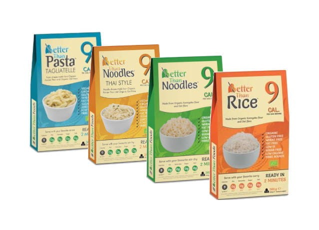 Zestaw 4x Makaron konjac typu noodle (Zwykły, W kształcie ryżu, Thai style, Tagliatelle) bezglutenowe BIO 385 g - Better Than Foods #1