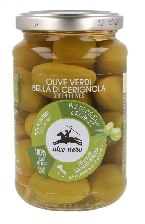 OLIWKI ZIELONE BELLA DI CERIGNOLA Z PESTKĄ W ZALEWIE BIO 350 g (180 g) - ALCE NERO #1