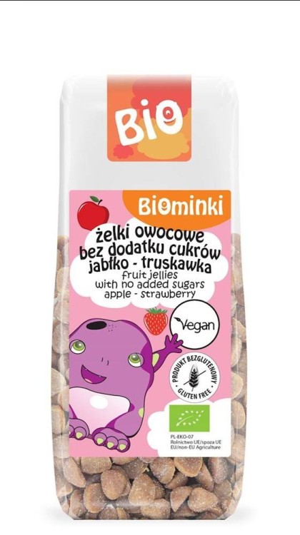 ŻELKI OWOCOWE BEZ DODATKU CUKRÓW JABŁKO - TRUSKAWKA BEZGLUTENOWE BIO 75 g - BIOMINKI #1