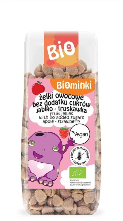 ŻELKI OWOCOWE BEZ DODATKU CUKRÓW JABŁKO - TRUSKAWKA BEZGLUTENOWE BIO 150 g - BIOMINKI #1