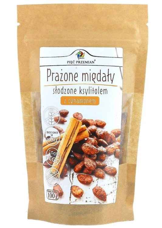 MIGDAŁY PRAŻONE Z CYNAMONEM SŁODZONE KSYLITOLEM BEZGLUTENOWE 100 g - PIĘĆ PRZEMIAN #1