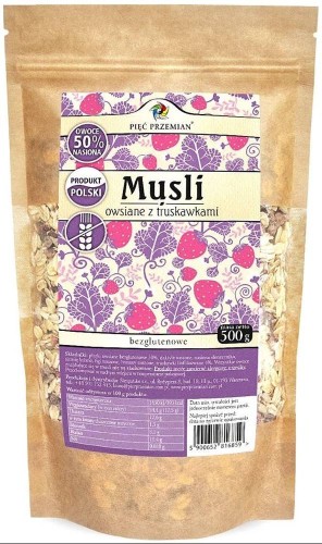 MUSLI TRUSKAWKOWE BEZ DODATKU CUKRÓW BEZGLUTENOWE 500 g - PIĘĆ PRZEMIAN #1