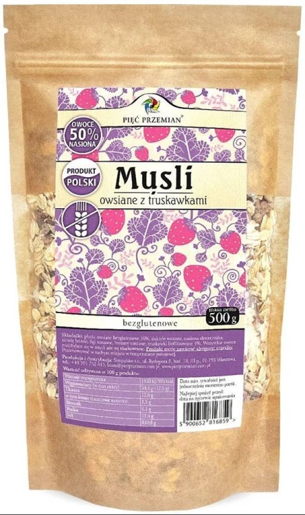MUSLI TRUSKAWKOWE BEZ DODATKU CUKRÓW BEZGLUTENOWE 500 g - PIĘĆ PRZEMIAN #1