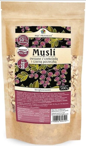 MUSLI CZEKOLADOWE Z CZARNĄ PORZECZKĄ BEZ DODATKU CUKRÓW BEZGLUTENOWE 500 g - PIĘĆ PRZEMIAN #1