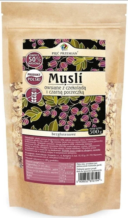 MUSLI CZEKOLADOWE Z CZARNĄ PORZECZKĄ BEZ DODATKU CUKRÓW BEZGLUTENOWE 500 g - PIĘĆ PRZEMIAN #1