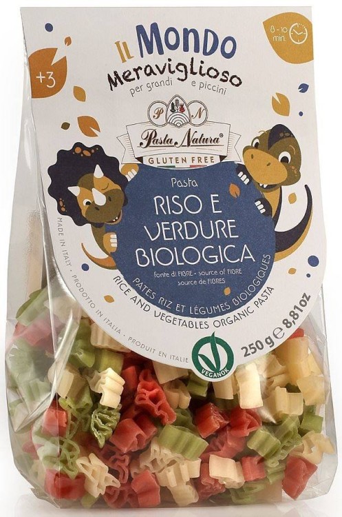 MAKARON (RYŻOWY TRÓJKOLOROWY) DLA DZIECI DINOZAURY BEZGLUTENOWY BIO 250 g - PASTA NATURA #1