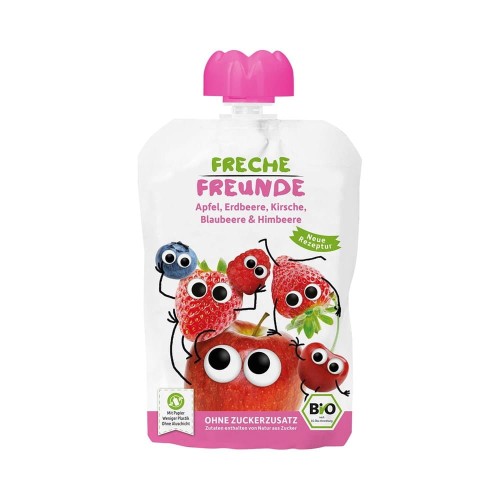 MUS JABŁKO - JAGODA - MALINA - TRUSKAWKA - WIŚNIA BEZ DODATKU CUKRÓW BEZGLUTENOWY OD 6 MIESIĄCA BIO 100 g - FRECHE FREUNDE #1