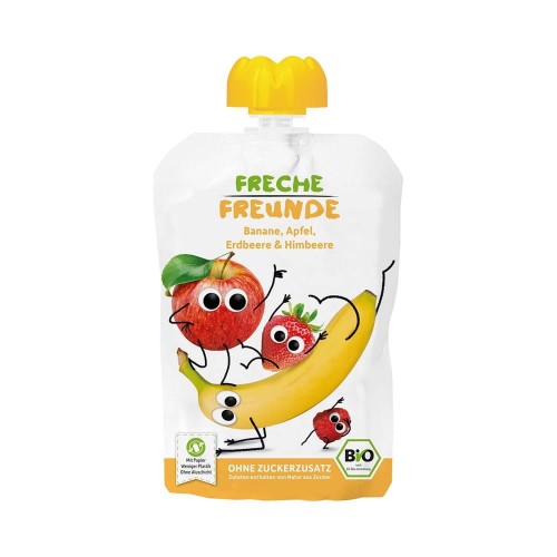 MUS BANAN - JABŁKO - TRUSKAWKA - MALINA BEZ DODATKU CUKRÓW BEZGLUTENOWY OD 6 MIESIĄCA BIO 100 g - FRECHE FREUNDE #1