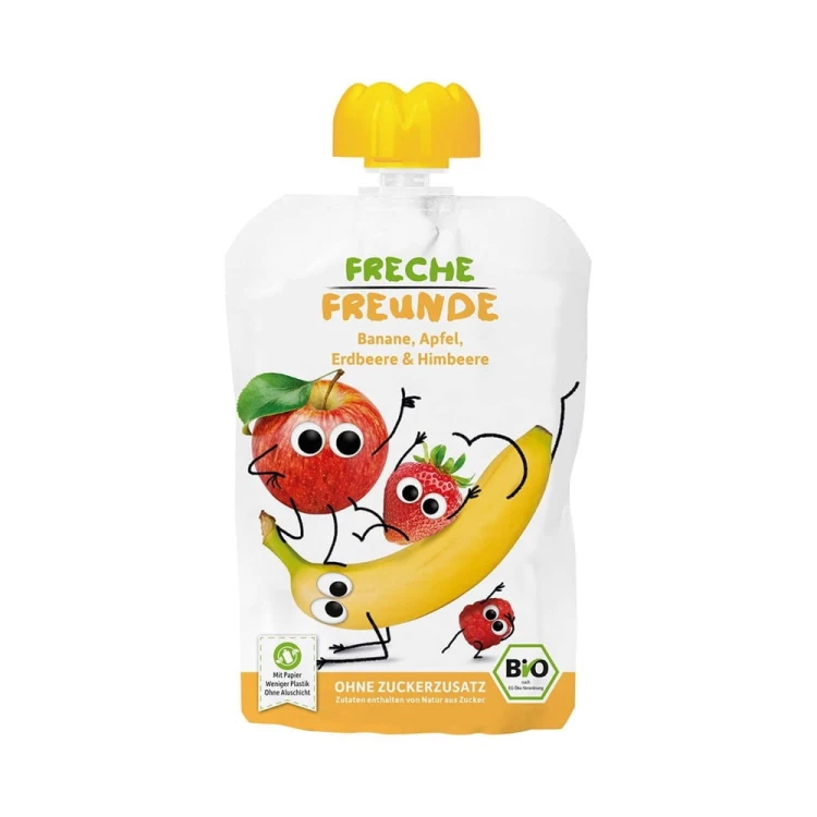 MUS BANAN - JABŁKO - TRUSKAWKA - MALINA BEZ DODATKU CUKRÓW BEZGLUTENOWY OD 6 MIESIĄCA BIO 100 g - FRECHE FREUNDE #1