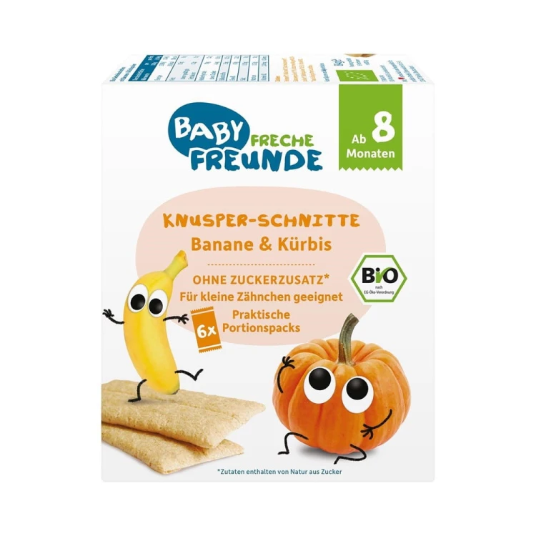 WAFLE WIELOZBOŻOWE Z BANANEM I DYNIĄ OD 8 MIESIĄCA BIO (6 x 14 g) 84 g - FRECHE FREUNDE #1