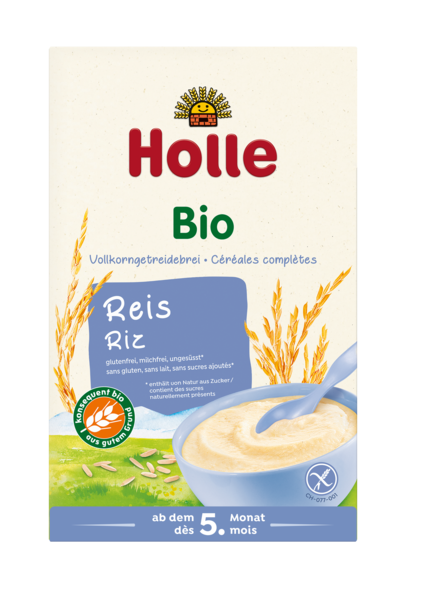 KASZKA RYŻOWA PEŁNOZIARNISTA BEZ DODATKU CUKRÓW BEZGLUTENOWA OD 5 MIESIĄCA BIO 250 g - HOLLE #1