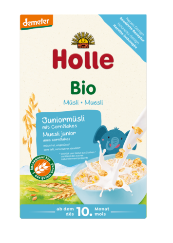 MUSLI JUNIOR Z PŁATKAMI KUKURYDZIANYMI BEZ DODATKU CUKRÓW OD 10 MIESIĄCA DEMETER BIO 250 g - HOLLE #1