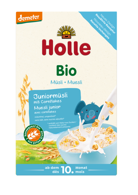 MUSLI JUNIOR Z PŁATKAMI KUKURYDZIANYMI BEZ DODATKU CUKRÓW OD 10 MIESIĄCA DEMETER BIO 250 g - HOLLE #1