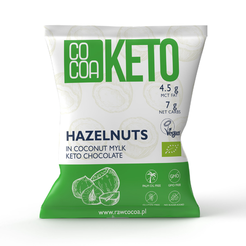 ORZECHY LASKOWE W CZEKOLADZIE KETO Z OLEJEM MCT BEZ DODATKU CUKRU BEZGLUTENOWE BIO 70 g - COCOA #1