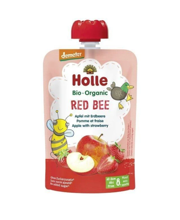 MUS W TUBCE CZERWONA PSZCZOŁA (JABŁKO - TRUSKAWKA) BEZ DODATKU CUKRÓW OD 8 MIESIĄCA DEMETER BIO 100 g - HOLLE #1