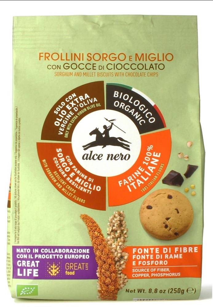 CIASTKA Z SORGO I PROSA Z DODATKIEM CZEKOLADY I OLIWY Z OLIWEK EXTRA VIRGIN (14,5 %) BIO 250 g - ALCE NERO