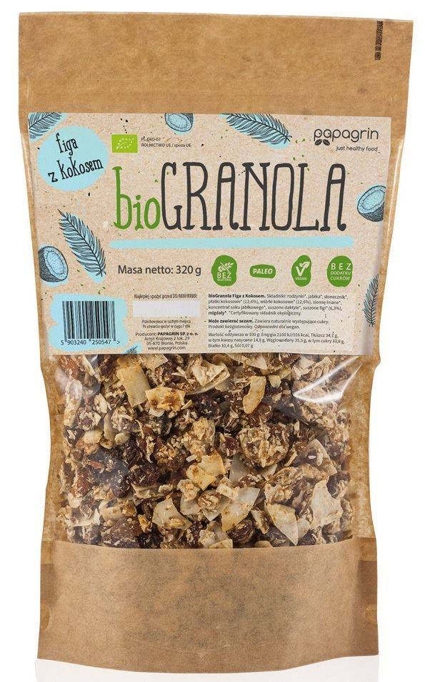 Granola figa z kokosem bezglutenowa BIO 320g - Papagrin