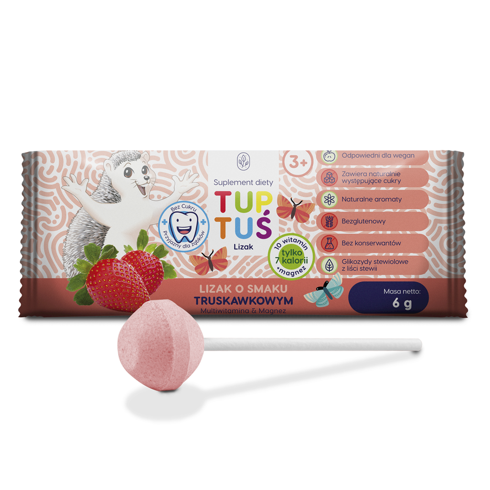 Lizak o smaku truskawkowym multiwitamina BIO z magnezem bezglutenowy 6g - Tuptuś