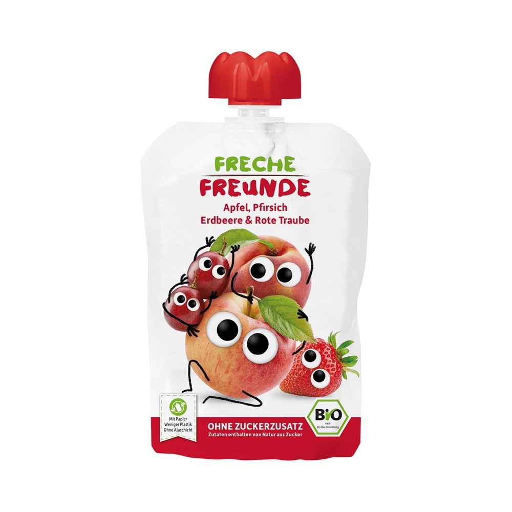 MUS JABŁKO - BRZOSKWINIA - TRUSKAWKA - WINOGRONO BEZ DODATKU CUKRÓW BEZGLUTENOWY OD 6 MIESIĄCA BIO 100 g - FRECHE FREUNDE