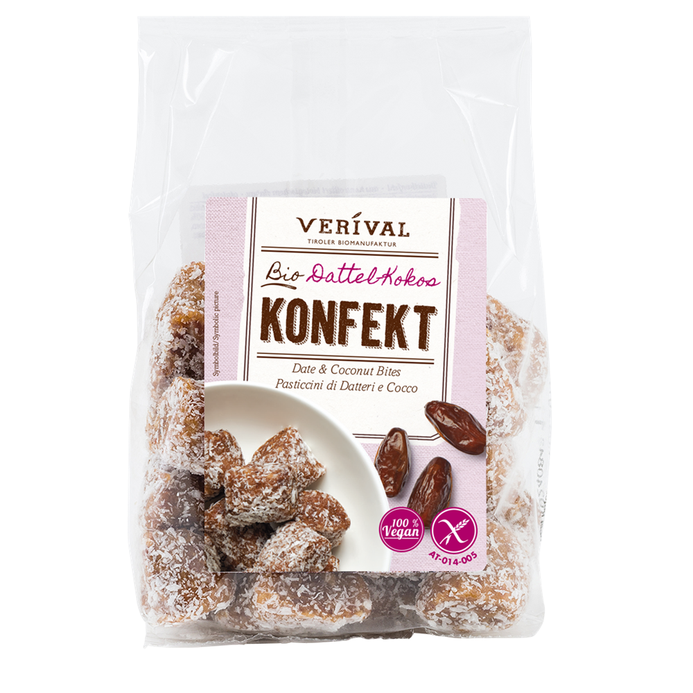 PRALINKI DAKTYLOWE POSYPANE PŁATKAMI KOKOSOWYMI BEZGLUTENOWE BIO 200 g - VERIVAL