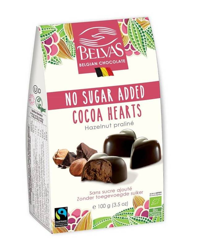 Belgijskie czekoladki serca bez dodatku cukrów bezglutenowe BIO 100g - Belvas
