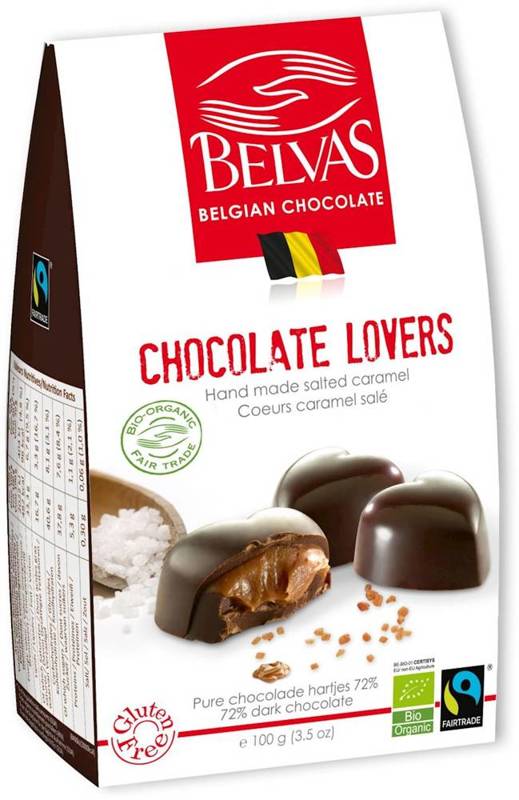 Belgijskie czekoladki serca z karmelem i solą morską fair trade bezglutenowe BIO 100 g - BELVAS