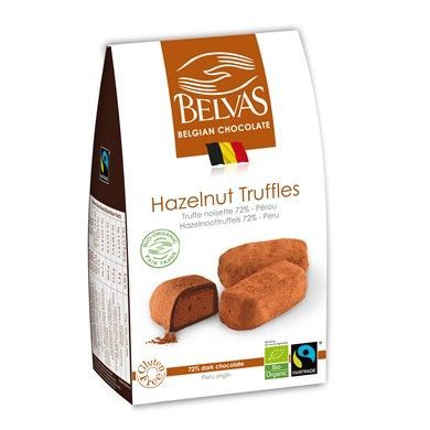 Belgijskie czekoladki trufle z orzechami laskowymi bezglutenowe fair trade BIO 100g Belvas
