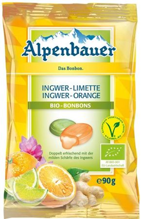 Cukierki z nadzieniem o smaku imbiorwo-limonkowym i imbiorowo - pomarańczowym vegan Bio 90g - Alpenbauer