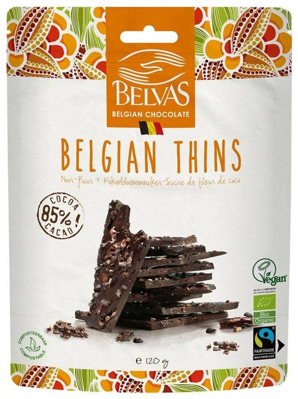 Kawałki czekolady gorzkiej 85% z kruszonymi ziarnami kakao Fair Trade bezglutenowe Bio 120 g - Belvas