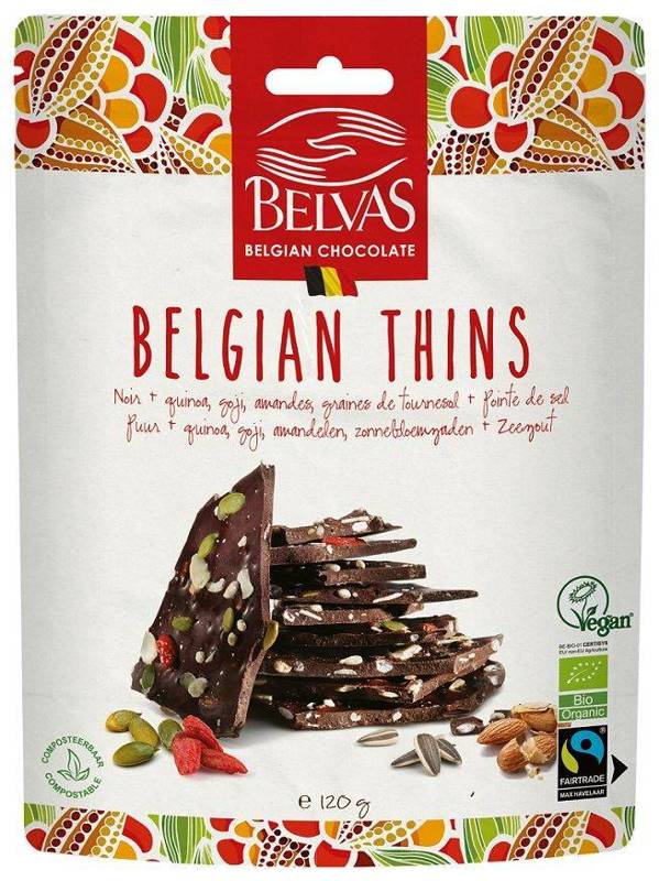 Kawałki czekolady gorzkiej z migdałami, quinoa i jagodami goji Fair Trade bezglutenowe Bio 120 g - Belvas