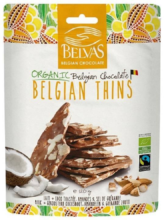 Kawałki czekolady mlecznej z migdałami i kokosem Fair Trade bezglutenowe Bio 120 g - Belvas