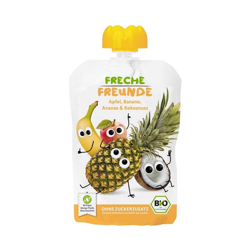 MUS JABŁKO - BANAN - ANANAS - KOKOS BEZ DODATKU CUKRÓW BEZGLUTENOWY OD 6 MIESIĄCA BIO 100 g - FRECHE FREUNDE