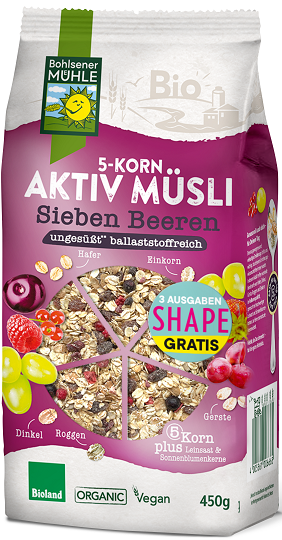 MUSLI 5 ZBOŻ Z OWOCAMI JAGODOWYMI BEZ DODATKU CUKRÓW BIO 450 g - BOHLSENER MUEHLE