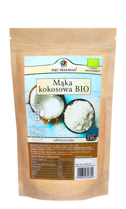 Mąka kokosowa odtłuszczona  bezglutenowa BIO 250 g - PIĘĆ PRZEMIAN