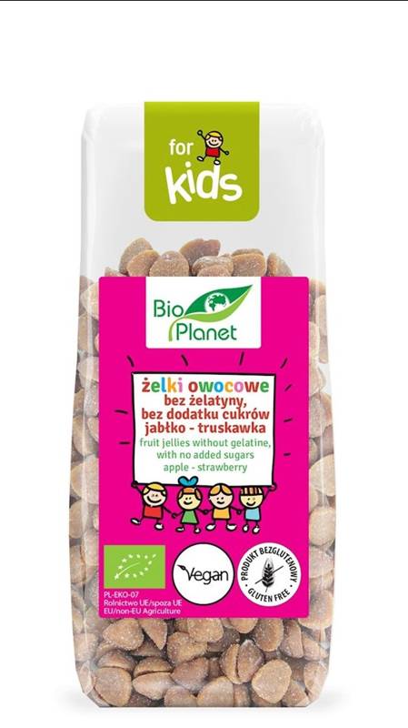 ŻELKI OWOCOWE BEZ ŻELATYNY, BEZ DODATKU CUKRÓW JABŁKO - TRUSKAWKA BEZGLUTENOWE BIO 100 g - BIO PLANET