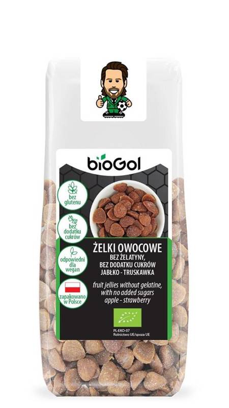 Żelki owocowe bez żelatyny, bez dodatku cukrów jabłko - Truskawka bezglutenowe Bio 90 g - Biogol